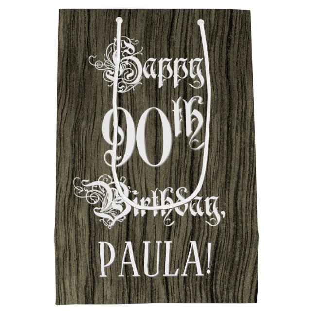 90th Birthday: Fancy, Faux Wood Look + Custom Name (Baksidan)