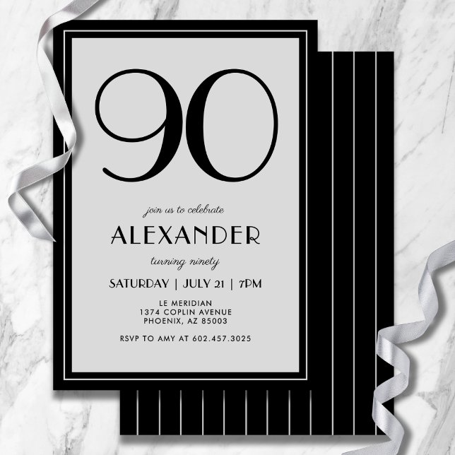 90th Birthday Modern Minimalist Mens Black Gray Inbjudningar (Modern black and light gray design—minimal, bold, and effortlessly stylish.)