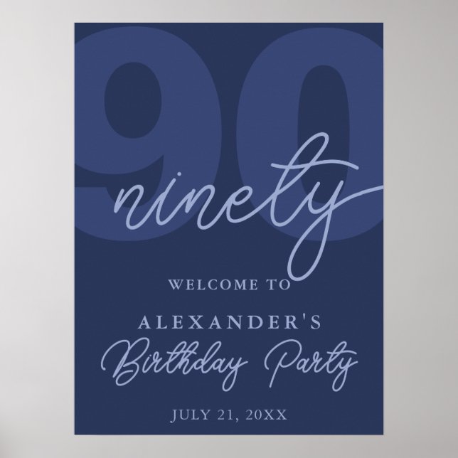 90th Birthday Modern Minimalist Navy Welcome Sign Poster (Framsidan)