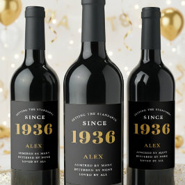90th Birthday Name 1936 Black Gold Elegant Chic Vinflaska Etikett