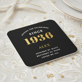 90th Birthday Name 1936 Year Black Gold Custom Underlägg Papper Kvadrat