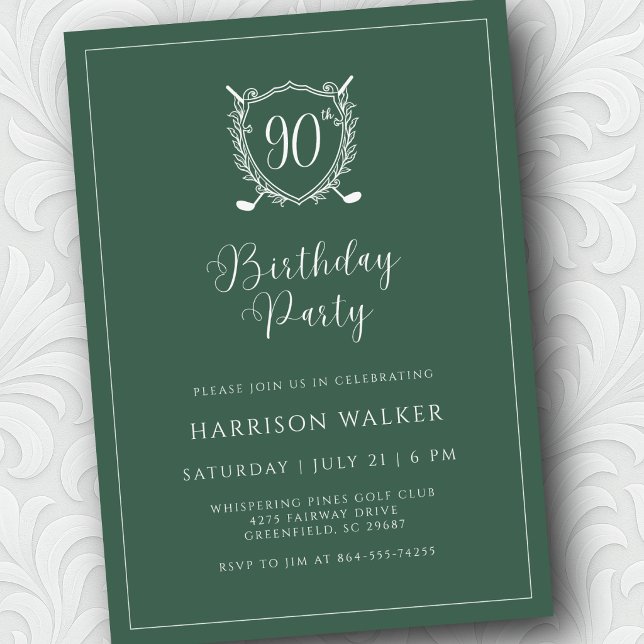 90th Birthday Party Golf Crest Elegant Script Sage Inbjudningar (Easy to personalize in minutes.)