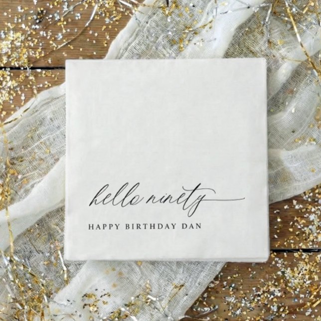 90th Birthday Party Hello 90 Modern Milestone Pappersservett (90th birthday party napkins - elegant modern black and white hello ninety birthday party decor.)