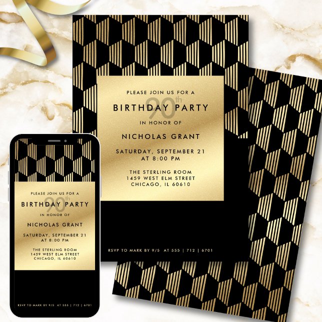 90th Birthday Party Modern Black and Gold Foil Inbjudningar (Skapare uppladdad)
