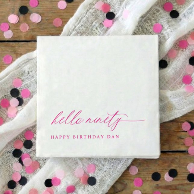 90th Birthday Party Pink Hello 90 Modern Elegant Pappersservett (Pink hello 90 minimalist script 90th birthday party napkins)