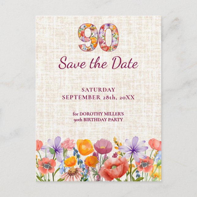 90th Birthday Party - Wildflower Save the Date Meddelande Vykort (Framsida)