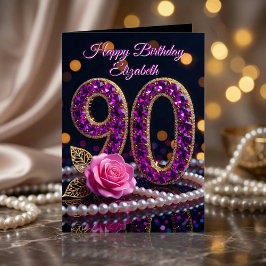 90th Birthday Purple Amethyst Jewels Pink Rose Kort