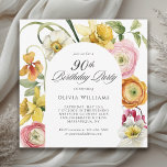 90th Birthday Spring Garden Stylish Floral  Inbjudningar<br><div class="desc">Celebrate a 90th birthday with this stylish sunny floral party invitation, a favorite choice celebrations in spring and into the summer months. Mixed colors of daffodils, ranunculus, and other watercolor floral elements blend beautifully in this garden themed elegant design. Personalize the text template with your event details. The back of...</div>