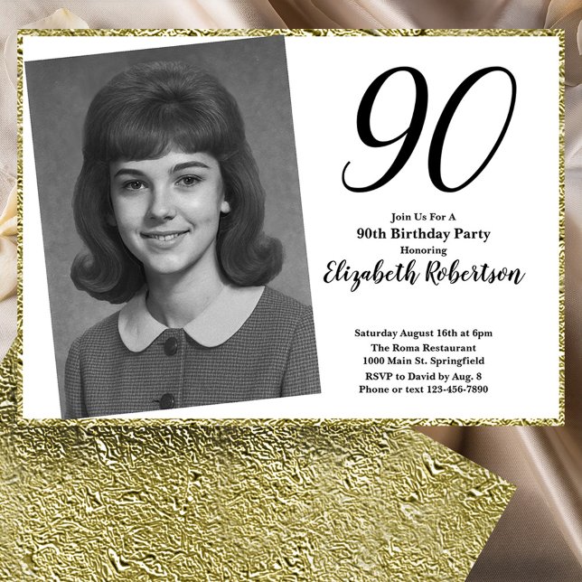 90th Custom Photo White and Gold  Inbjudningar (Skapare uppladdad)