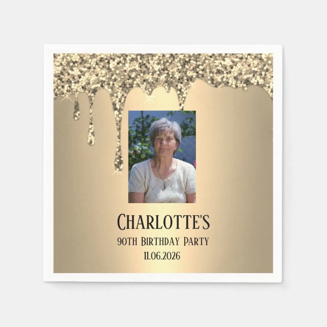90th Ninety Elegant Birthday Party Gold Pappersservett (Framsidan)