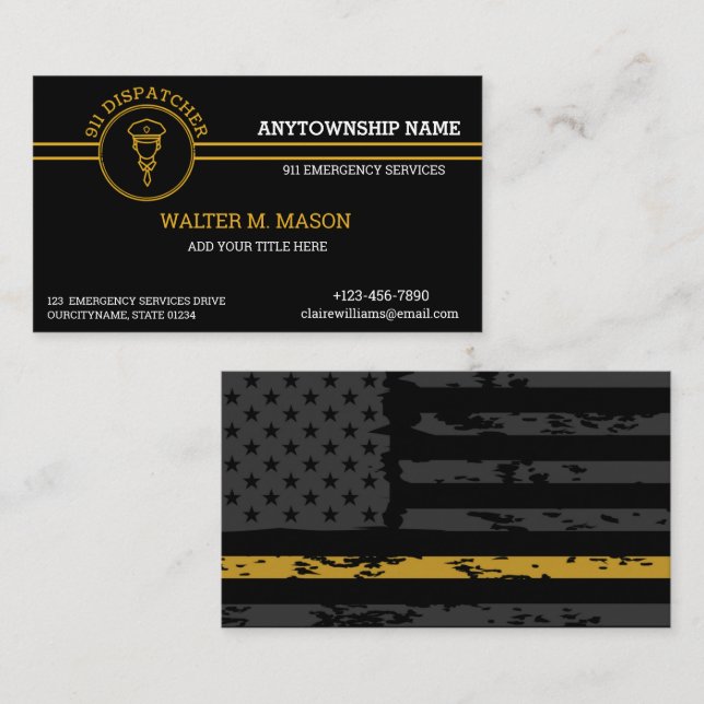 911 Dispatcher Thin Guld Line Rand Flagga Visitkort (Fram/baksida)