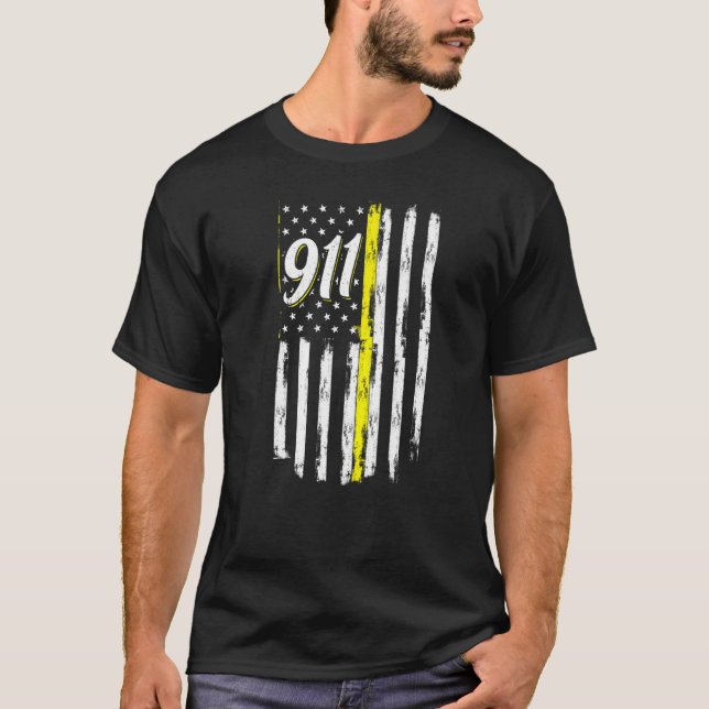 911 Dispatcher Thin Yellow Line Police USA Flag T Shirt (Framsida)