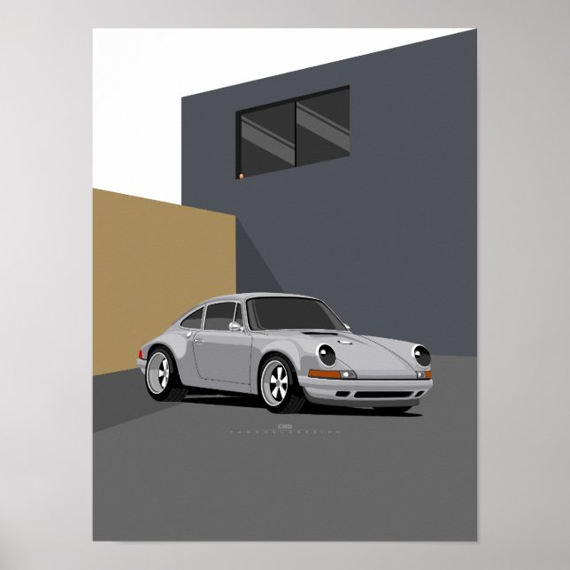911 Klassisk Silver-bil - Minimalistisk Retro Silv Poster (Framsidan)