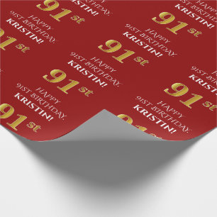 91:a födelsedag: Elegant, rött, Faux Guld-utseende Presentpapper