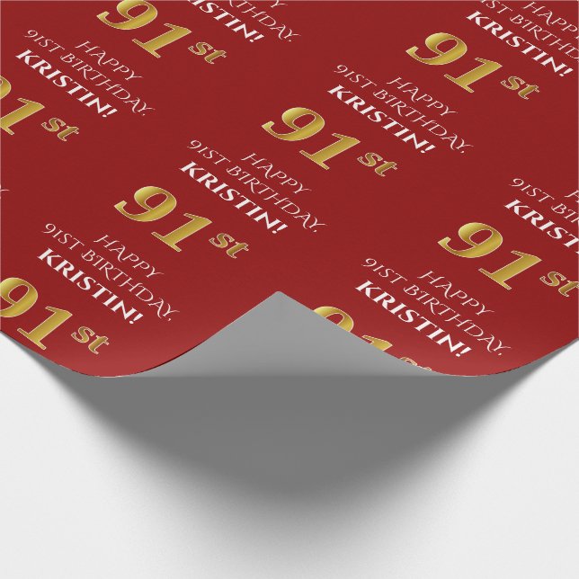 91:a födelsedag: Elegant, rött, Faux Guld-utseende Presentpapper (Hörn)