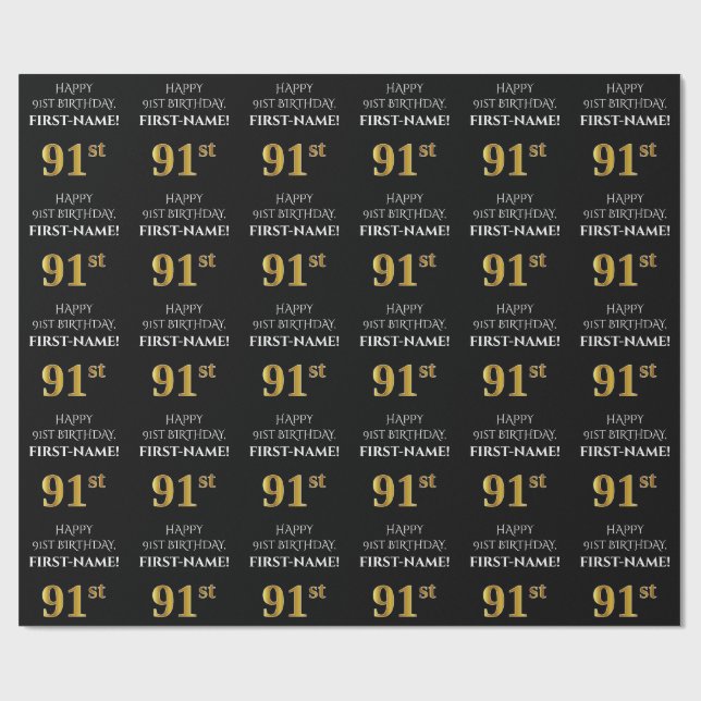91:a födelsedag: Elegant, svart, faux Guld-utseend Presentpapper (Platt)