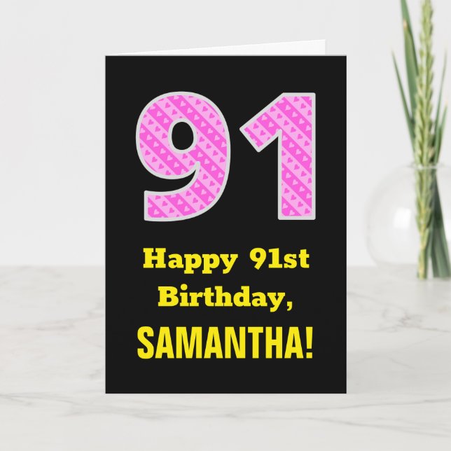 91:a födelsedag: Rosa Rand och hjärtan "91" + Namn Kort (Framsida)