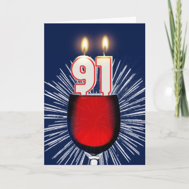 91:a födelsedagen med vin och ljus kort (Framsida)
