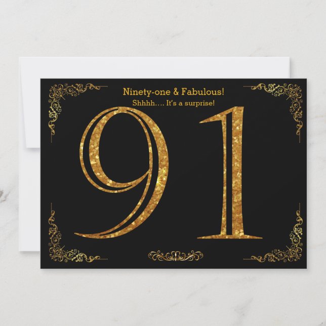 91:a Födelsedagsfesten,Gatsby styl,svart guld glit Inbjudningar (Framsida)