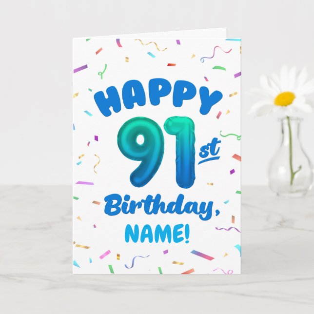 91-års födelsedags kort med eget namn och ballongn (Liten växt)