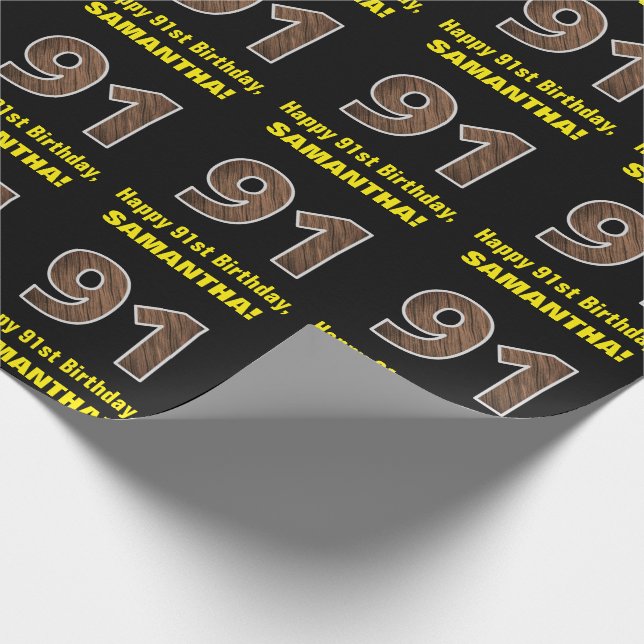 91-årsdag: Namn & falskt trästrukturmönster "91" Presentpapper (Hörn)