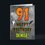 91st Birthday: Eerie Halloween Theme   Custom Name Kort<br><div class="desc">The front of this spooky and scary Halloween themed birthday greeting card design features a large number “91” and the message “HAPPY BIRTHDAY, ”, plus a customizable name. There are also depictions of a bat and a ghost on the front. The inside features a customizable birthday greeting message, or could...</div>