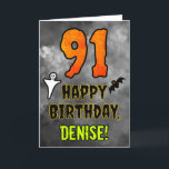 91st Birthday: Eerie Halloween Theme   Custom Name Kort<br><div class="desc">The front of this spooky and scary Halloween themed birthday greeting card design features a large number “91” and the message “HAPPY BIRTHDAY, ”, plus a customizable name. There are also depictions of a bat and a ghost on the front. The inside features a customizable birthday greeting message, or could...</div>