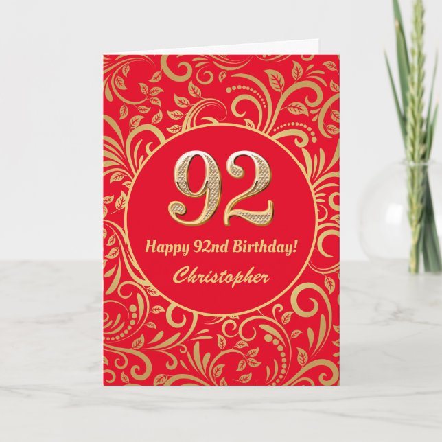 92:a födelsedag Röda och Guld Blommönstret Kort (Framsida)