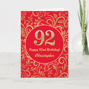 92:a födelsedag Röda och Guld Blommönstret Kort