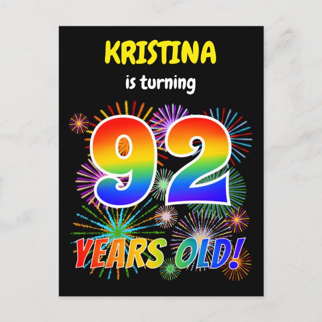 92:a födelsedagen - Roligt Fireworks, Regnbåge Se  Vykort (Framsida)
