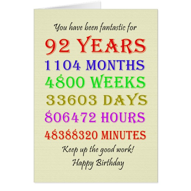 92:a födelsedagsmilstolpar hälsningskort (Framsidan)