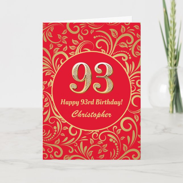 93:e födelsedag Röda och Guld-Blommönstret Kort (Framsida)