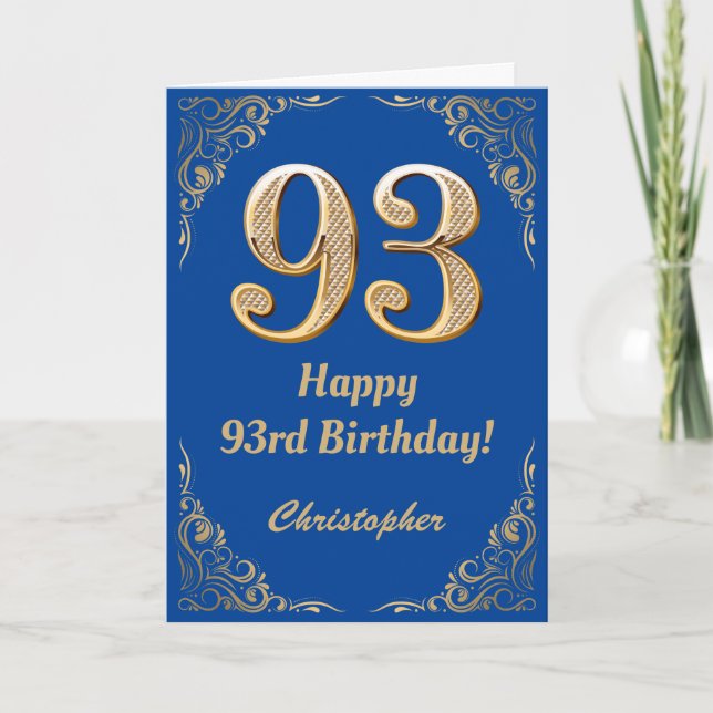 93:e födelsedagen Blått och Guld Glitter Ram Kort (Framsida)