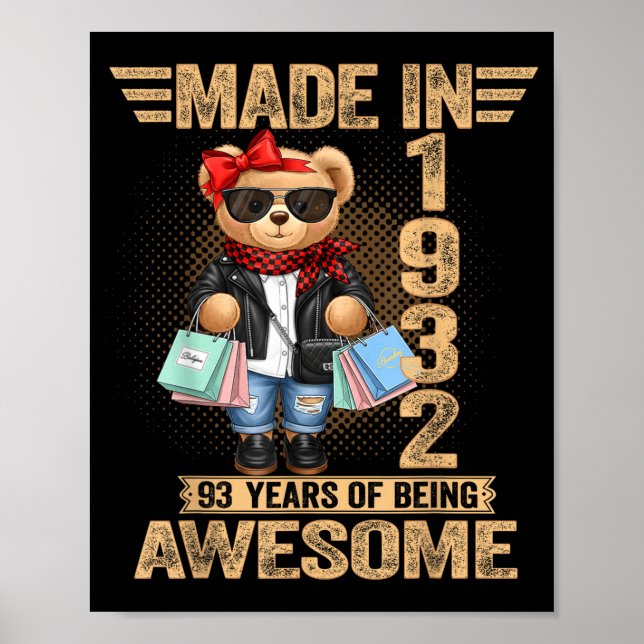 93 Year Old Made In 1932 Teddy Bear 93rd Birthday  Poster (Framsidan)