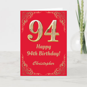 94:e födelsedag Röda och Guld Glitter Ram Kort