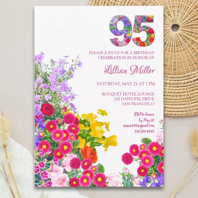 95 år Elegant trädgårdsblomma – 95-årsdag Inbjudningar (Skapare uppladdad)