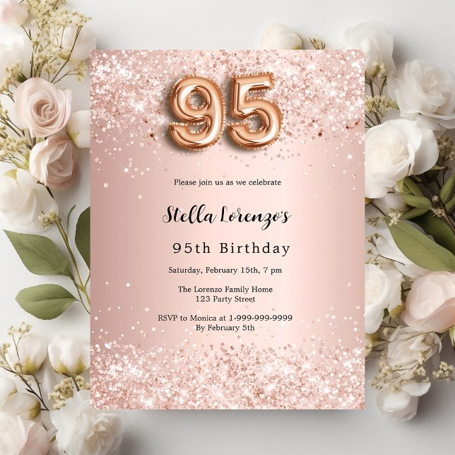 95-års födelsedag rose gold rosa inbjudan vykort (Skapare uppladdad)