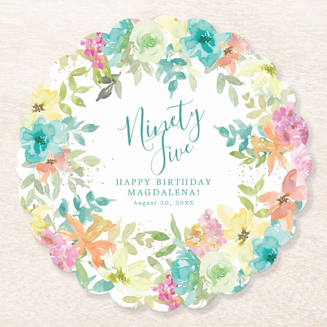 95-års födelsedag sommar akvarell blomster anpassa underlägg papper (Framsida)