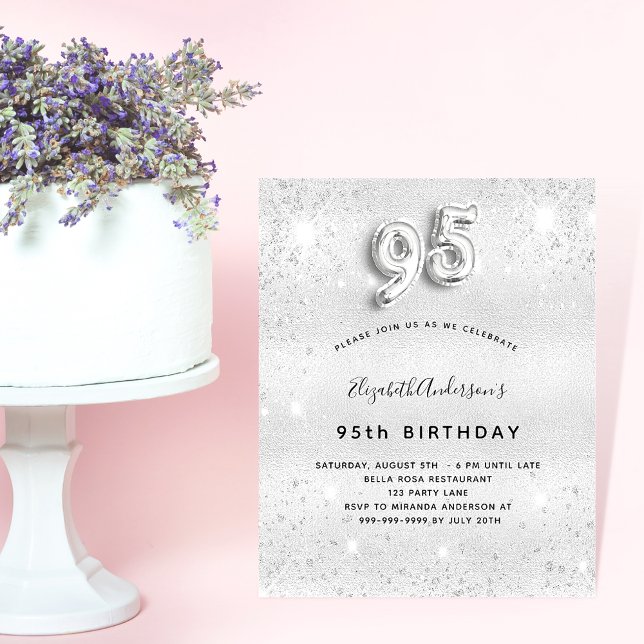 95-årsdagen för budgetinbjudan silver glitter flygblad (Skapare uppladdad)