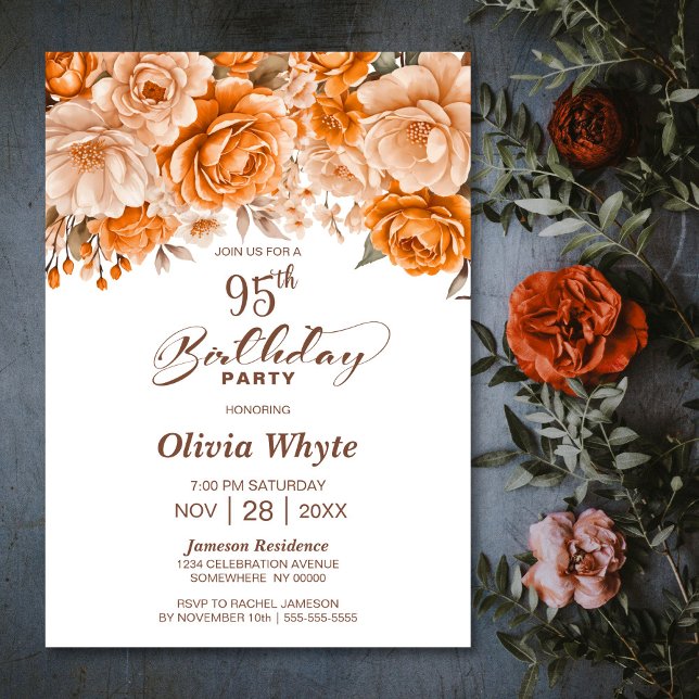 95:e födelsedag Orange Ro Blommigt Party Inbjudningar (Skapare uppladdad)