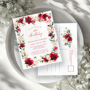 95:e födelsedag Röd ros Rosa Peony-inbjudan Vykort