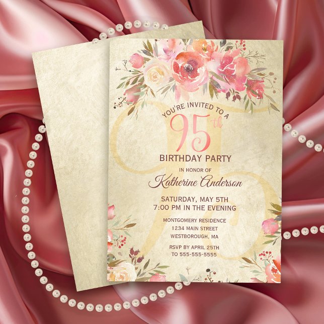 95:e födelsedagen Blommigt Rosa ros Guld Shimmer P Inbjudningar (Elegant Pink and Gold Floral 95th Birthday Party Invitation)