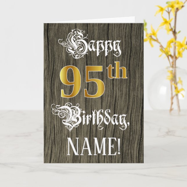 95:e födelsedagen: Faux Guld Titta + Faux Wood Mön Kort (Gul blomma)