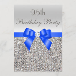 95:e födelsedagen Silver Sequin-Royalet Blue Bow D Inbjudningar