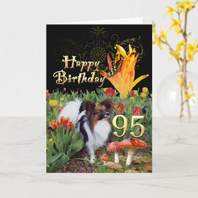 95:e födelsedagen Tulip-trädgårdsfjärilar papillon Kort (Gul blomma)