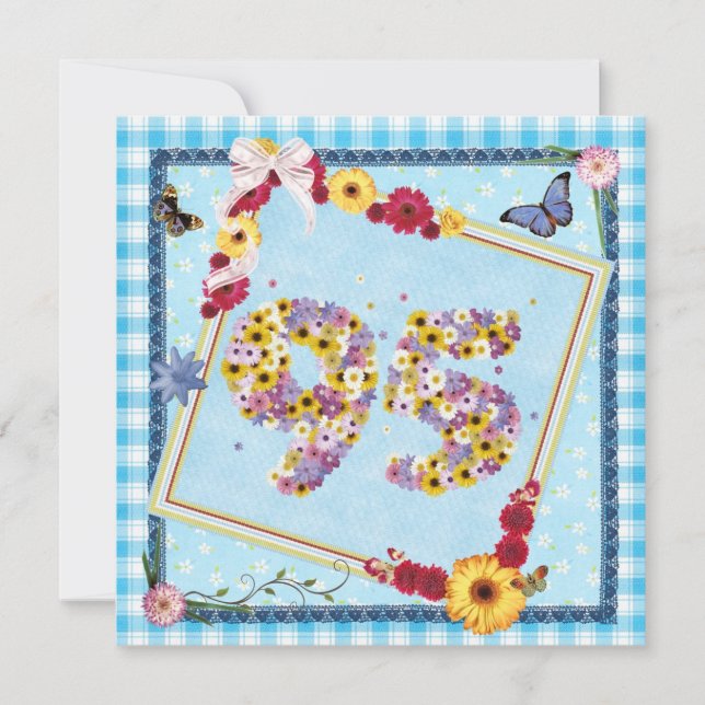 95:e Födelsedagsfest inbjudan-blommor,fjärilar Inbjudningar (Framsida)