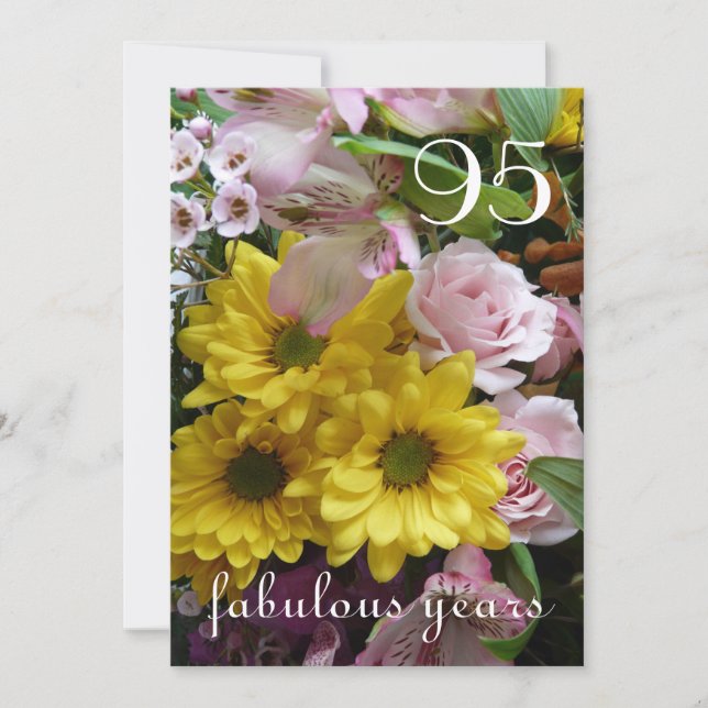 95:e födelsedagsfirandet!-Rosa och Gula blommor Inbjudningar (Framsida)