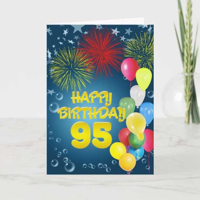 95:e födelsedagskort med fyrverkerier och ballonge kort (Framsida)