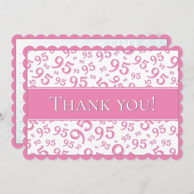 95 "Thank you!" Pink/White Number Pattern Tack Kort (Fram/baksida)