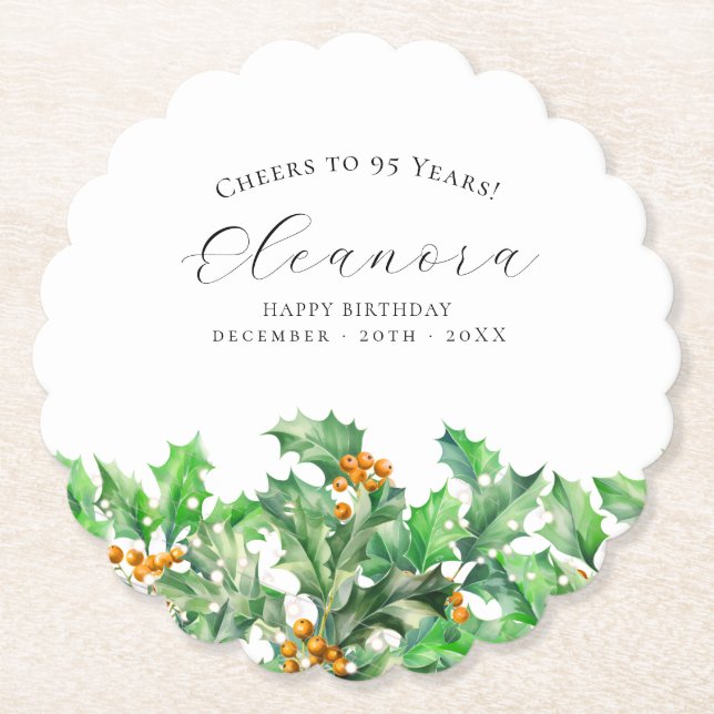 95th Birthday December Birth Flower Holly Custom Underlägg Papper (Framsida)